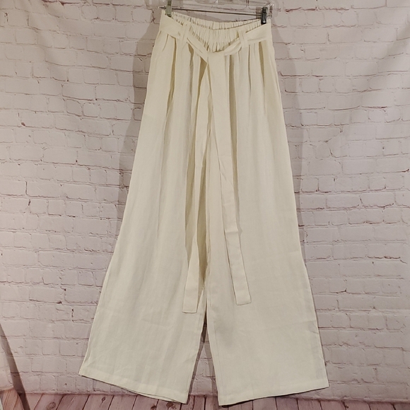 Hde Pants - Cream Wide-Leg High-Waisted Pants with Tie Belt